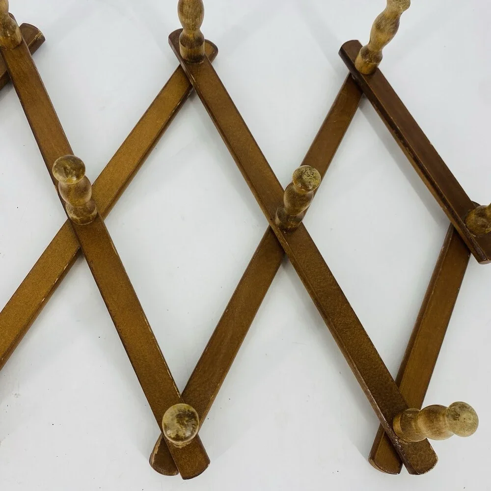 Vintage Wooden Accordion Peg Rack Expandable Wall Coat Hat Hook Rustic Decor 10